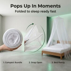 Three-step pop-up mosquito net setup: compact bundle, snap open, bed ready in seconds