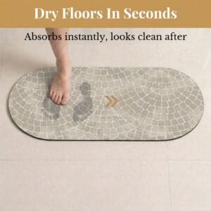 Foot stepping on Mosaic Stone bath mat runner showing "Dry Floors In Seconds, Absorbs instantly, looks clean after"