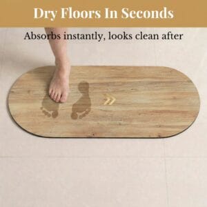 Foot stepping on Oak Wood bath mat runner showing "Dry Floors In Seconds, Absorbs instantly, looks clean after"
