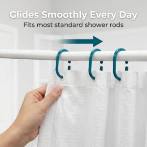 Shower curtain rings sliding smoothly along rod demonstrating easy glide movement and quiet operation