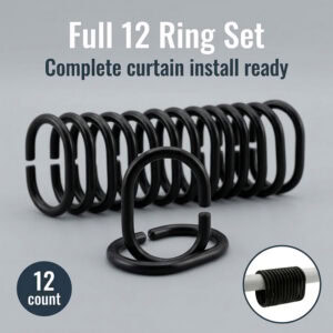Open shape rings attaching quickly to curtain eyelets for simple setup