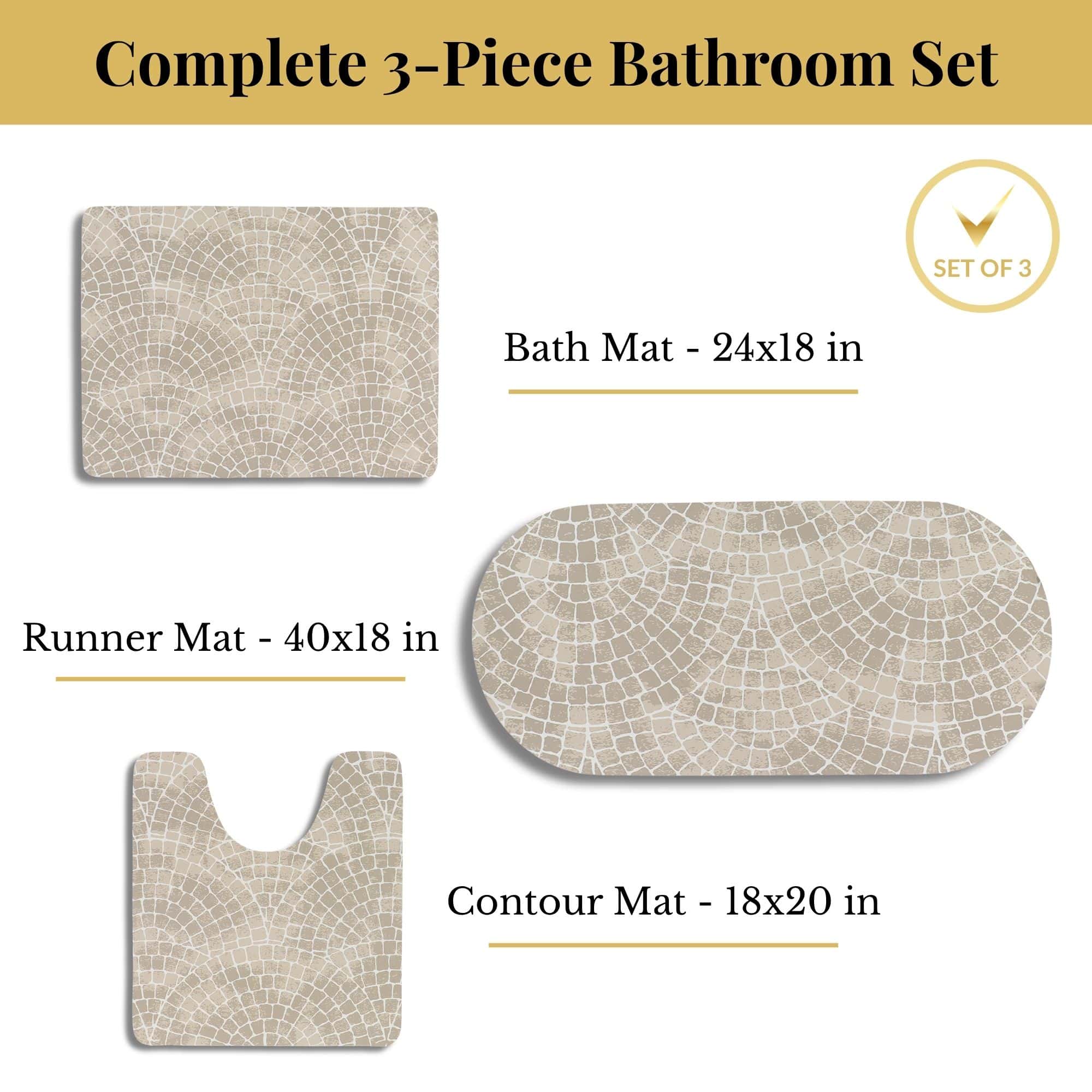 Mosaic stone pebble design detail – 3-piece Mediterranean bathroom mat set – Evideco