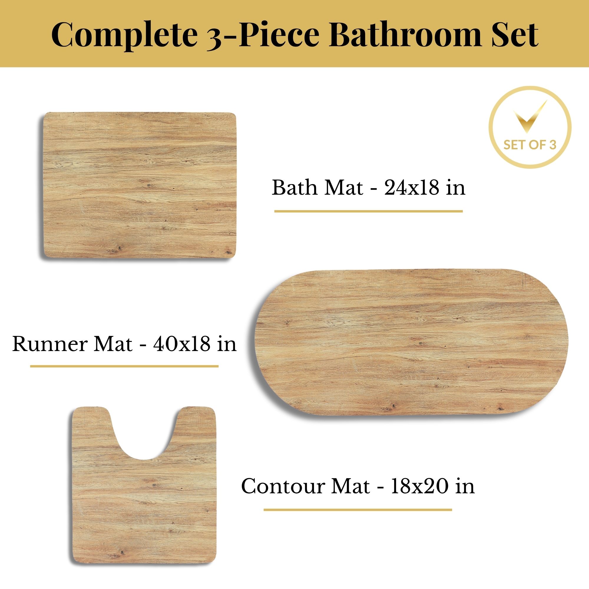Oak wood grain design detail – 3-piece farmhouse bathroom mat set – Evideco