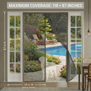 Wide patio magnetic screen door size dimensions 118 x 87 inches with 59 inch wide panels, grey fiberglass mesh installed on sliding patio doors overlooking pool