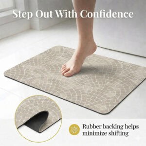 Mosaic Stone bath mat with rubber backing detail, "Step Out With Confidence"