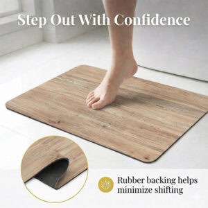 Oak Wood bath mat with rubber backing detail, "Step Out With Confidence"