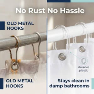 Side by side comparison of rusted metal hooks and clear plastic hooks on shower rod