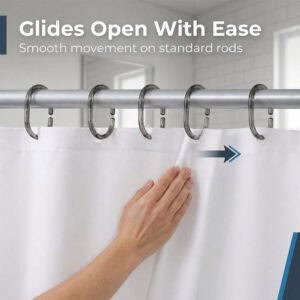 Hand sliding white curtain on gray hooks along rod showing smooth movement feature