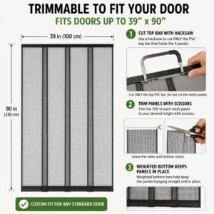 Trimmable screen door 39x90 in cut to custom fit with hacksaw and scissors – weighted bottom bars – Evideco