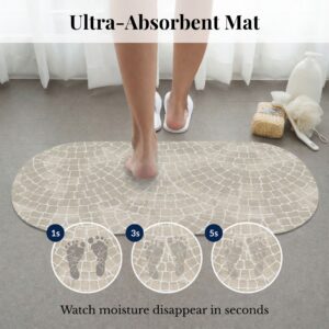 Ultra-absorbent Mosaic Stone bath mat runner showing moisture absorption at 1, 3, and 5 seconds