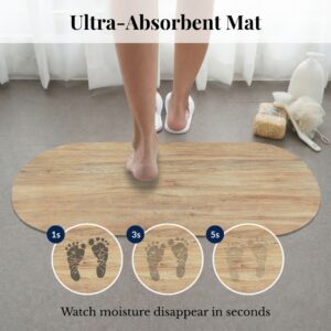 Ultra-absorbent Oak Wood bath mat runner showing moisture absorption at 1, 3, and 5 seconds