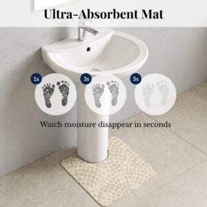 Ultra-absorbent Mosaic Stone contour mat under pedestal sink showing moisture absorption at 1, 3, and 5 seconds