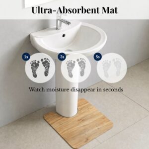 Ultra-absorbent Oak Wood contour mat under pedestal sink showing moisture absorption at 1, 3, and 5 seconds