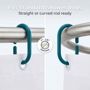 Close up of shower hooks fitting straight and curved rods compatible with 1 to 1.5 inch diameter