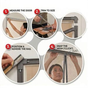 Four step installation guide measure trim adhere snap no drill