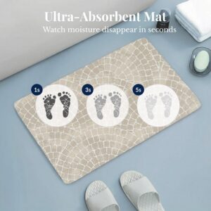 Ultra-absorbent Mosaic Stone bath mat showing moisture absorption at 1, 3, and 5 seconds