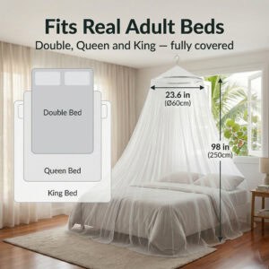 Mosquito net bed canopy size guide showing 23.6 inch hoop and 98 inch drop fitting double queen and king beds