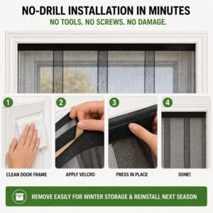 No drill adhesive Velcro installation on door frame in 4 steps – removable for winter storage – Evideco