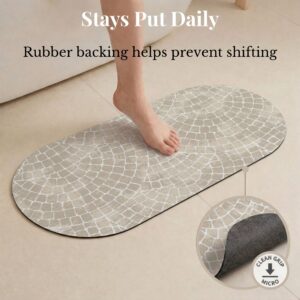 Mosaic Stone bath mat runner with rubber backing detail, "Stays Put Daily, Rubber backing helps prevent shifting"