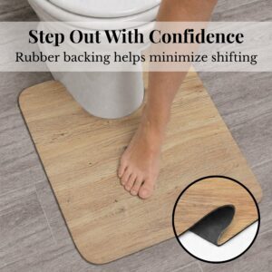 Oak Wood contour mat with rubber backing detail, "Step Out With Confidence, Rubber backing helps minimize shifting"