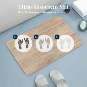 Ultra-absorbent Oak Wood bath mat showing moisture absorption at 1, 3, and 5 seconds