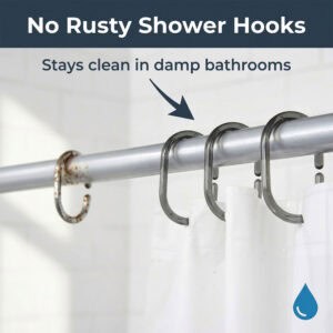 Gray plastic shower hooks compared to rusted metal hook on shower rod in bathroom setting