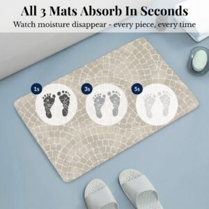 Ultra-absorbent Mosaic Stone bath mat showing moisture absorption at 1, 3, and 5 seconds, "All 3 Mats Absorb In Seconds"