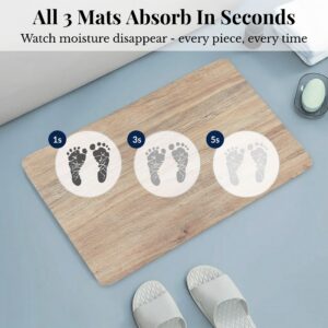 Ultra-absorbent Oak Wood bath mat showing moisture absorption at 1, 3, and 5 seconds, "All 3 Mats Absorb In Seconds"
