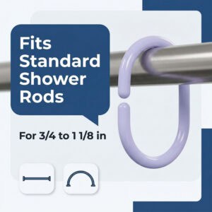 White shower hook fitting standard rod sizes with compatibility for straight and curved rods