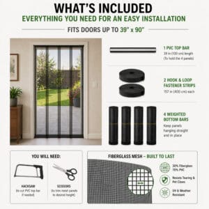 Fiberglass fly screen package contents – PVC top bar, 4 weighted bottom bars, hook and loop strips – Evideco
