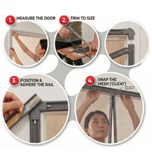 Magnetic screen door installation steps measure trim adhere rail and snap mesh, 4-step visual guide for Evideco wide patio screen with PVC frame