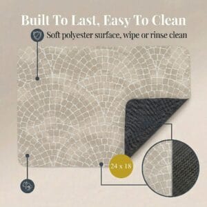 Mosaic Stone bath mat front and rubber back view, "Built To Last, Easy To Clean," 24x18