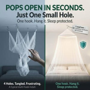 Split image comparing four-hole tangled mosquito net installation versus single hook clean canopy setup