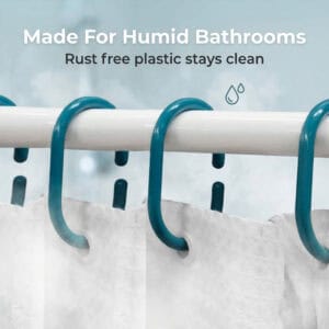 Plastic shower hooks in steamy bathroom environment showing resistance to moisture and daily use