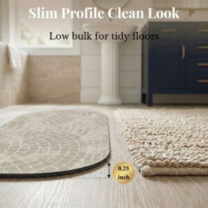 Side profile of Mosaic Stone bath mat runner showing 0.25 inch slim thickness next to woven rug