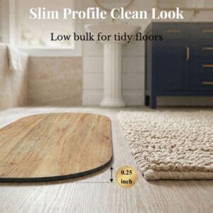 Side profile of Oak Wood bath mat runner showing 0.25 inch slim thickness next to woven rug
