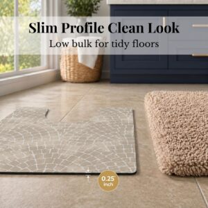 Side profile of Mosaic Stone contour mat showing 0.25 inch slim thickness next to shag rug