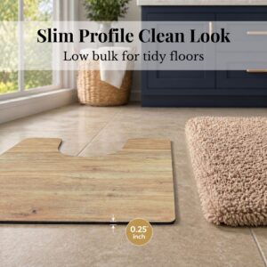 Side profile of Oak Wood contour mat showing 0.25 inch slim thickness next to shag rug