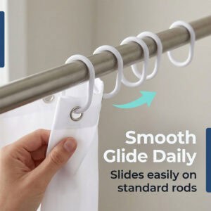 Hand sliding white shower curtain along rod demonstrating smooth glide and easy movement