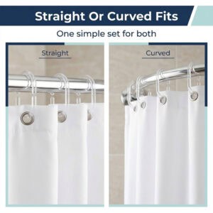 Clear curtain hooks used on both straight and curved shower rods with white fabric curtain
