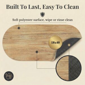 Oak Wood bath mat runner front and rubber back view, "Built To Last, Easy To Clean," 18x40
