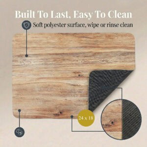 Oak Wood bath mat front and rubber back view, "Built To Last, Easy To Clean," 24x18