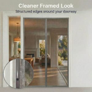 Evideco cleaner framed look magnetic screen door structured PVC edges around doorway fiberglass mesh closeup