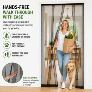 Pet friendly screen door with golden retriever and woman walking through overlapping fiberglass strips – Evideco
