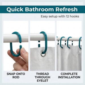 Step by step view of snap on shower hook installation threading through curtain eyelet onto rod