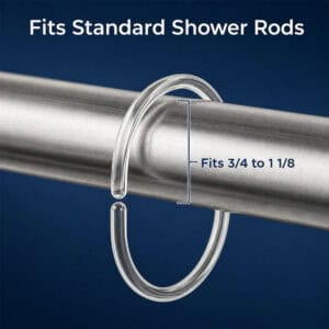 Transparent hook loop fitting around metal rod with sizing graphic showing compatibility range