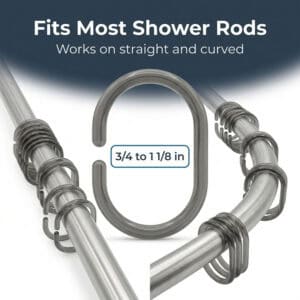 Gray curtain hooks used on both straight and curved shower rods demonstrating flexible fit