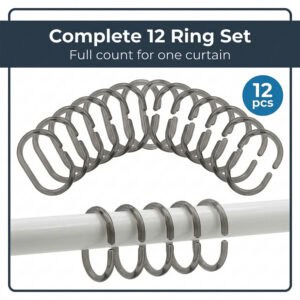 Twelve gray curtain hooks arranged in full set with curtain attached on white rod
