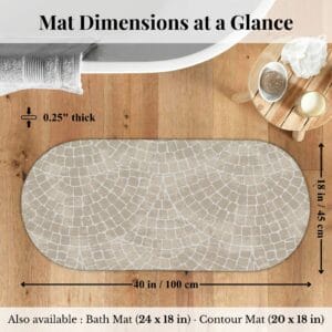 Overhead view of Mosaic Stone bath mat runner with dimensions labeled: 18x40 inches, 0.25" thick