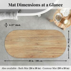 Overhead view of Oak Wood bath mat runner with dimensions labeled: 18x40 inches, 0.25" thick
